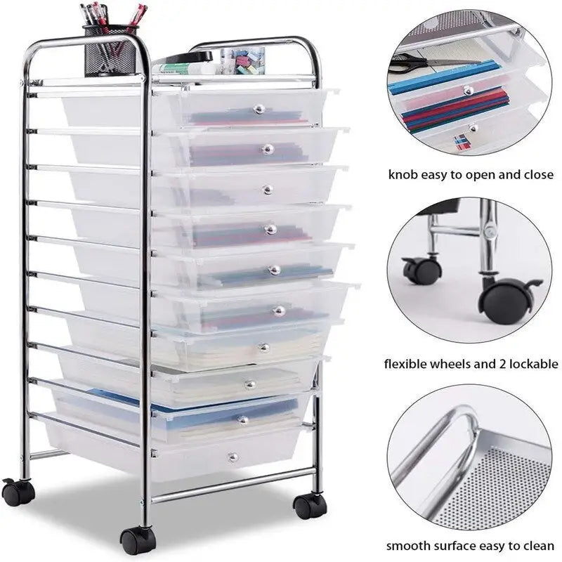 10-Drawer Rolling Storage Cart with Casters, Clear Plastic Drawers, Chrome Frame