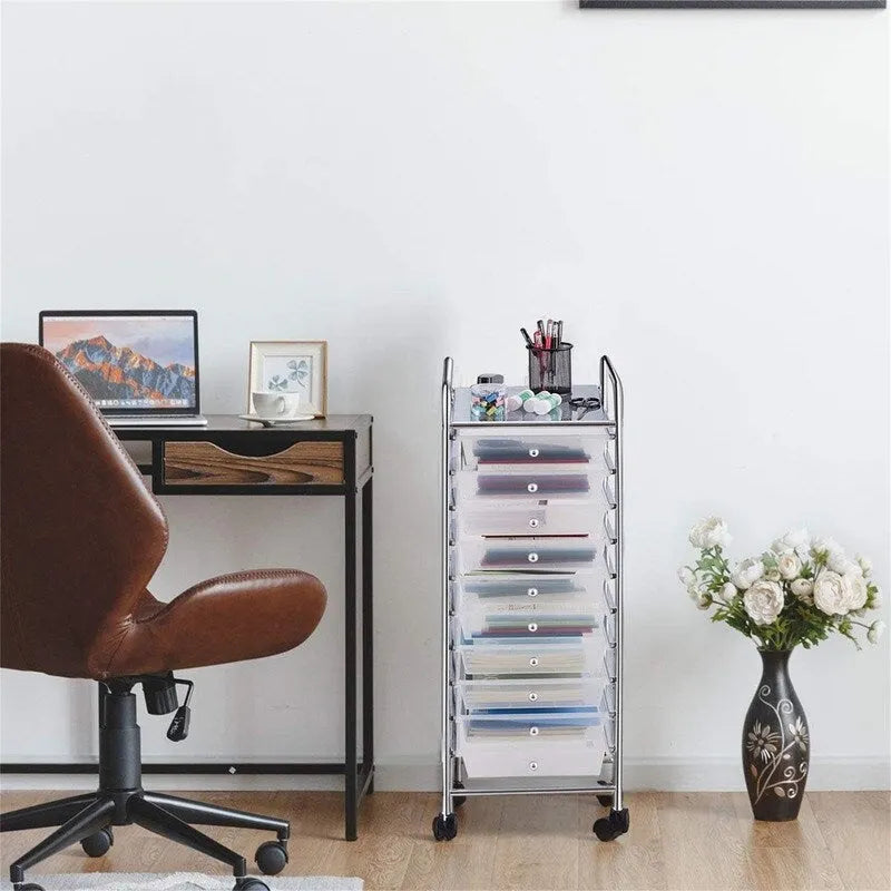 10-Drawer Rolling Storage Cart with Casters, Clear Plastic Drawers, Chrome Frame