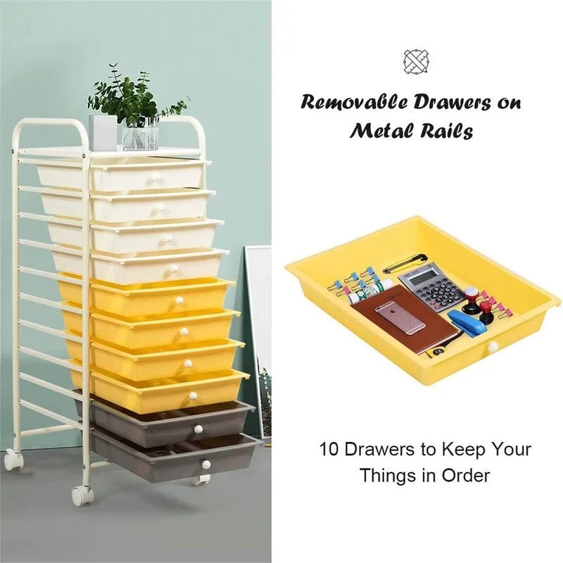 10-Drawer Rolling Storage Cart with Casters, Clear Plastic Drawers, Chrome Frame