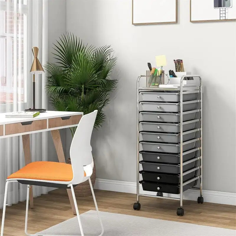 10-Drawer Rolling Storage Cart with Casters, Clear Plastic Drawers, Chrome Frame