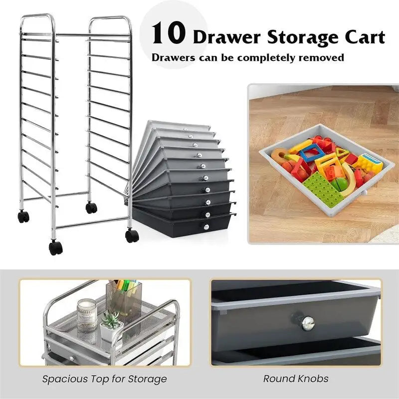 10-Drawer Rolling Storage Cart with Casters, Clear Plastic Drawers, Chrome Frame