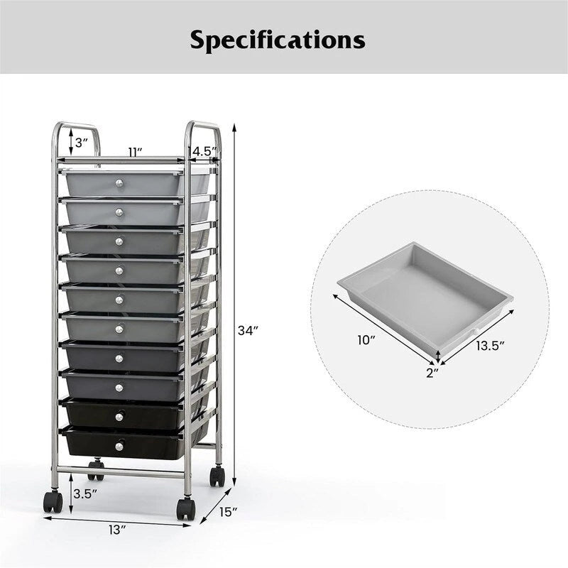 10-Drawer Rolling Storage Cart with Casters, Clear Plastic Drawers, Chrome Frame