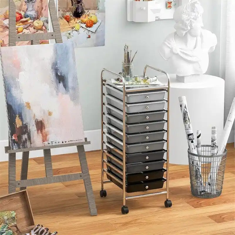 10-Drawer Rolling Storage Cart with Casters, Clear Plastic Drawers, Chrome Frame
