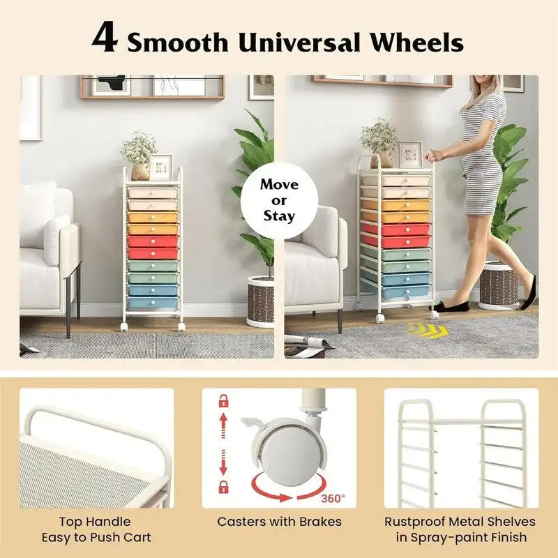 10-Drawer Rolling Storage Cart with Casters, Clear Plastic Drawers, Chrome Frame