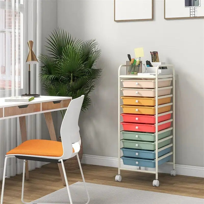 10-Drawer Rolling Storage Cart with Casters, Clear Plastic Drawers, Chrome Frame