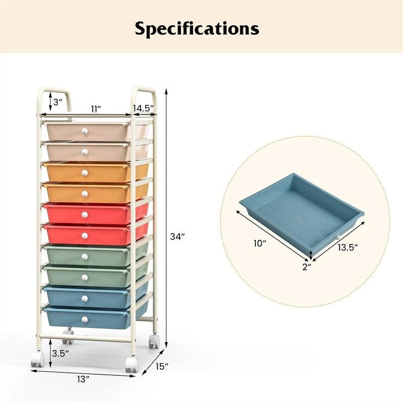 10-Drawer Rolling Storage Cart with Casters, Clear Plastic Drawers, Chrome Frame