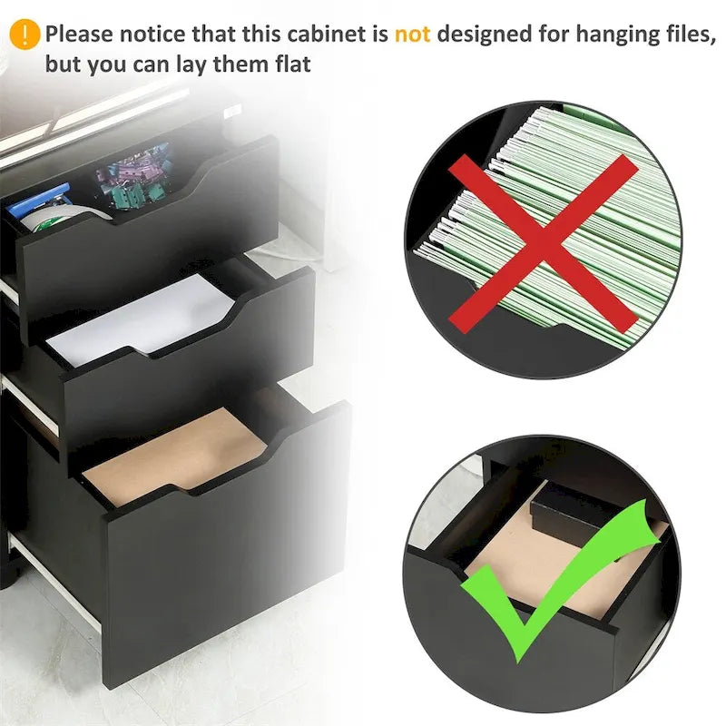 Meuble de classement roulant à 3 tiroirs avec roulettes verrouillables, organiseur de bureau en panneaux de particules noires