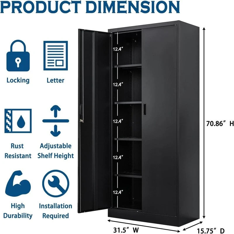 Armoire de rangement haute en métal avec portes doubles verrouillables et étagères réglables