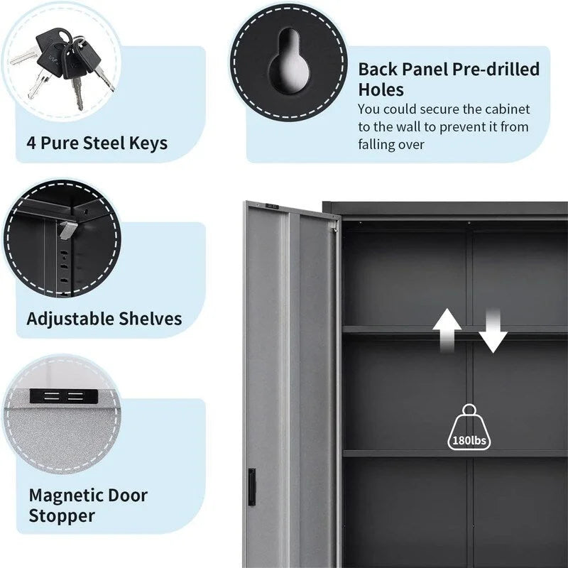 Armoire de rangement haute en métal avec portes doubles verrouillables et étagères réglables