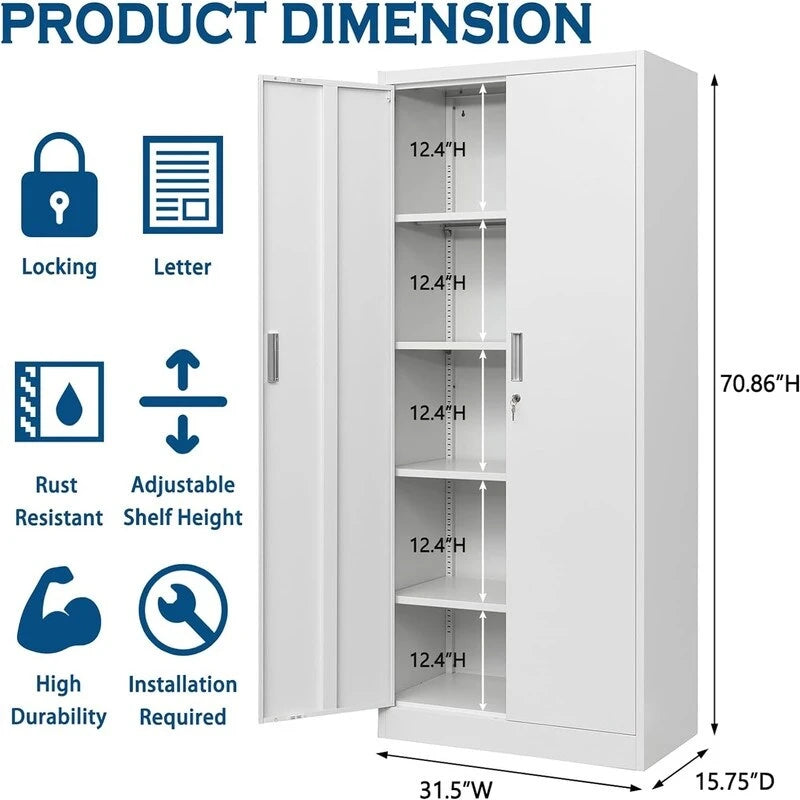 Armoire de rangement haute en métal avec portes doubles verrouillables et étagères réglables