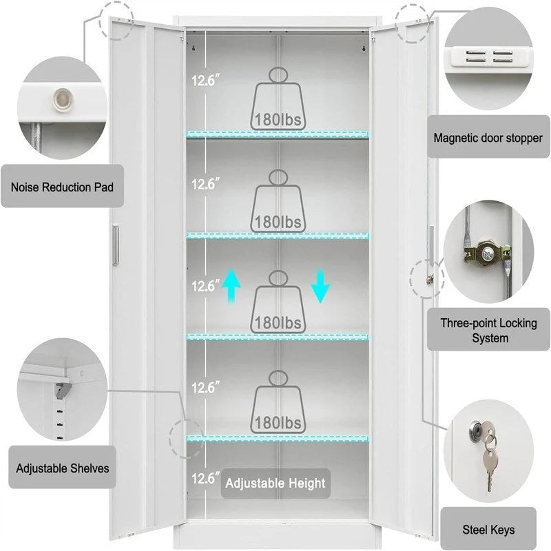 Armoire de rangement haute en métal avec portes doubles verrouillables et étagères réglables
