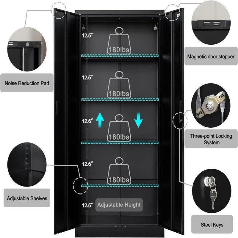 Armoire de rangement haute en métal avec portes doubles verrouillables et étagères réglables