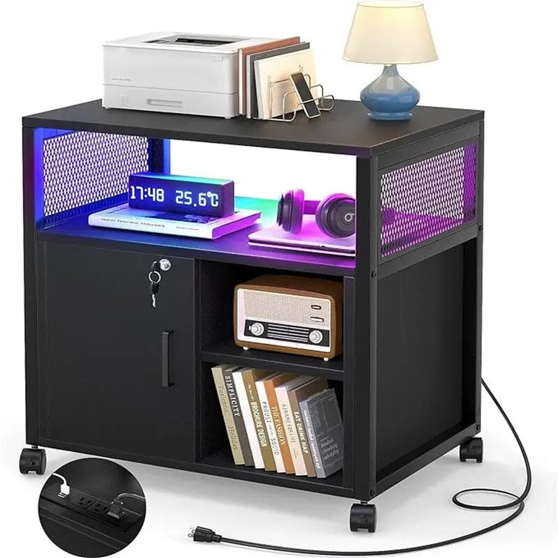 Support d'imprimante roulant avec lumières LED RVB, prises de courant, ports USB, porte verrouillable, blanc