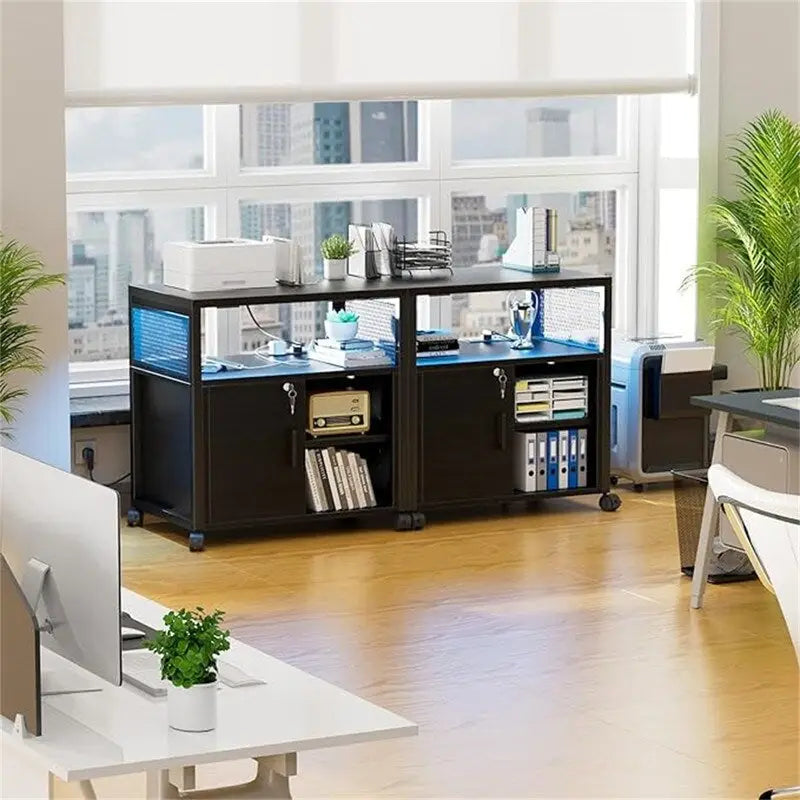 Support d'imprimante roulant avec lumières LED RVB, prises de courant, ports USB, porte verrouillable, blanc