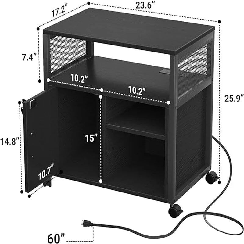 Support d'imprimante roulant avec lumières LED RVB, prises de courant, ports USB, porte verrouillable, blanc