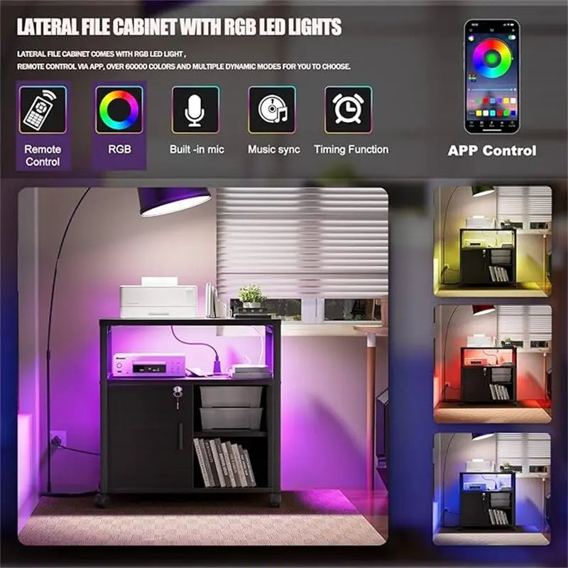 Support d'imprimante roulant avec lumières LED RVB, prises de courant, ports USB, porte verrouillable, blanc
