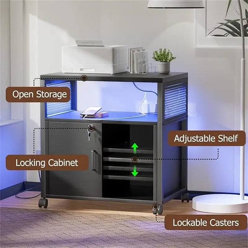Support d'imprimante roulant avec lumières LED RVB, prises de courant, ports USB, porte verrouillable, blanc