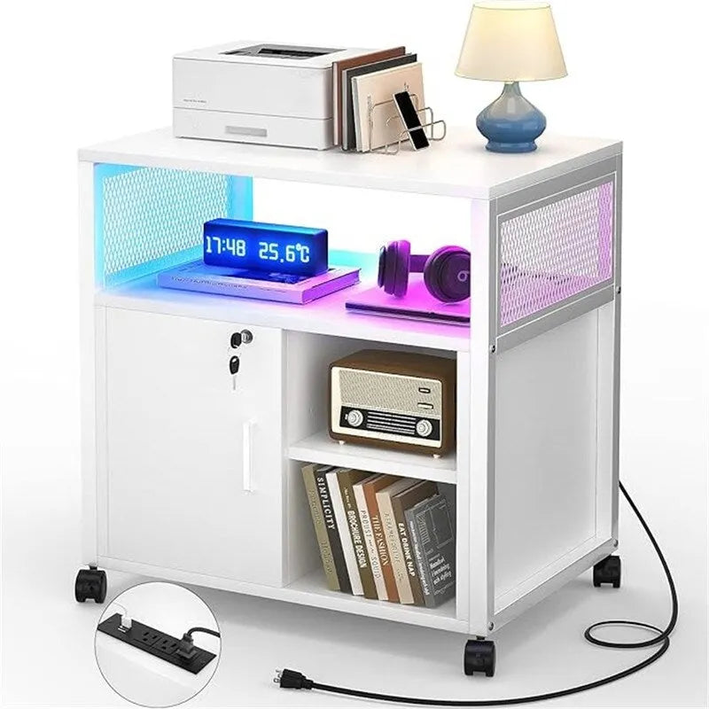 Support d'imprimante roulant avec lumières LED RVB, prises de courant, ports USB, porte verrouillable, blanc