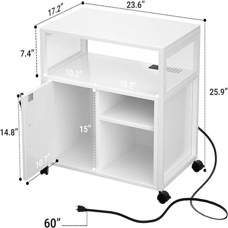 Support d'imprimante roulant avec lumières LED RVB, prises de courant, ports USB, porte verrouillable, blanc