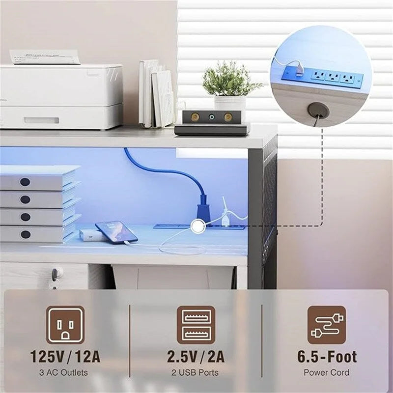 Support d'imprimante roulant avec lumières LED RVB, prises de courant, ports USB, porte verrouillable, blanc