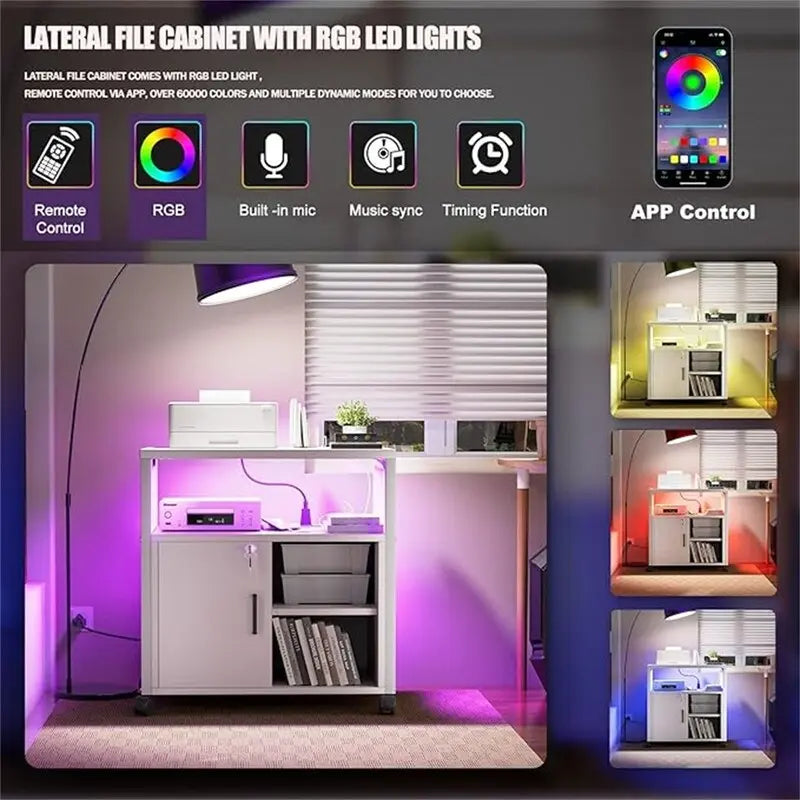 Support d'imprimante roulant avec lumières LED RVB, prises de courant, ports USB, porte verrouillable, blanc