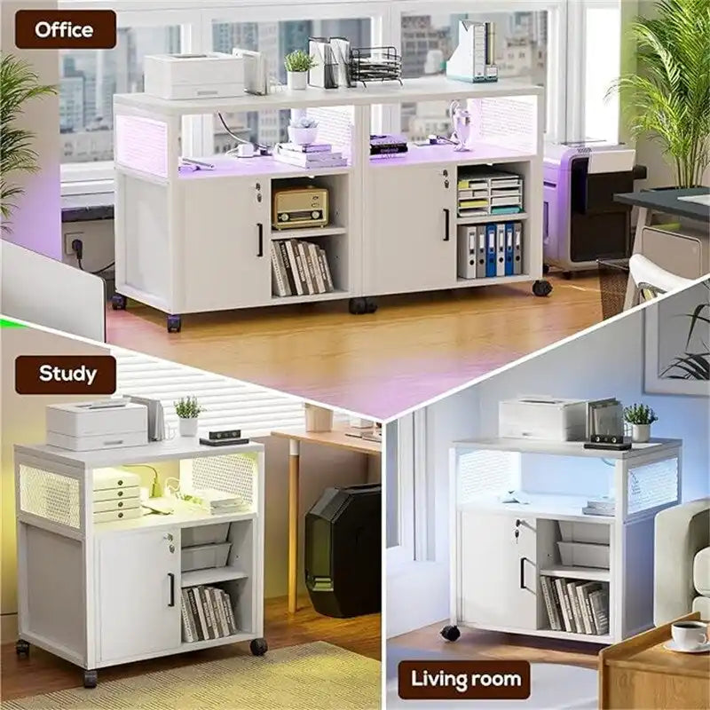 Support d'imprimante roulant avec lumières LED RVB, prises de courant, ports USB, porte verrouillable, blanc