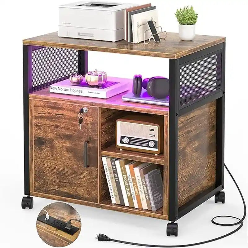 Support d'imprimante roulant avec lumières LED RVB, prises de courant, ports USB, porte verrouillable, blanc