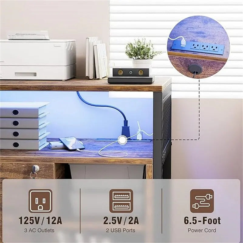 Support d'imprimante roulant avec lumières LED RVB, prises de courant, ports USB, porte verrouillable, blanc