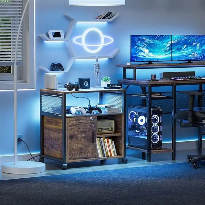 Support d'imprimante roulant avec lumières LED RVB, prises de courant, ports USB, porte verrouillable, blanc