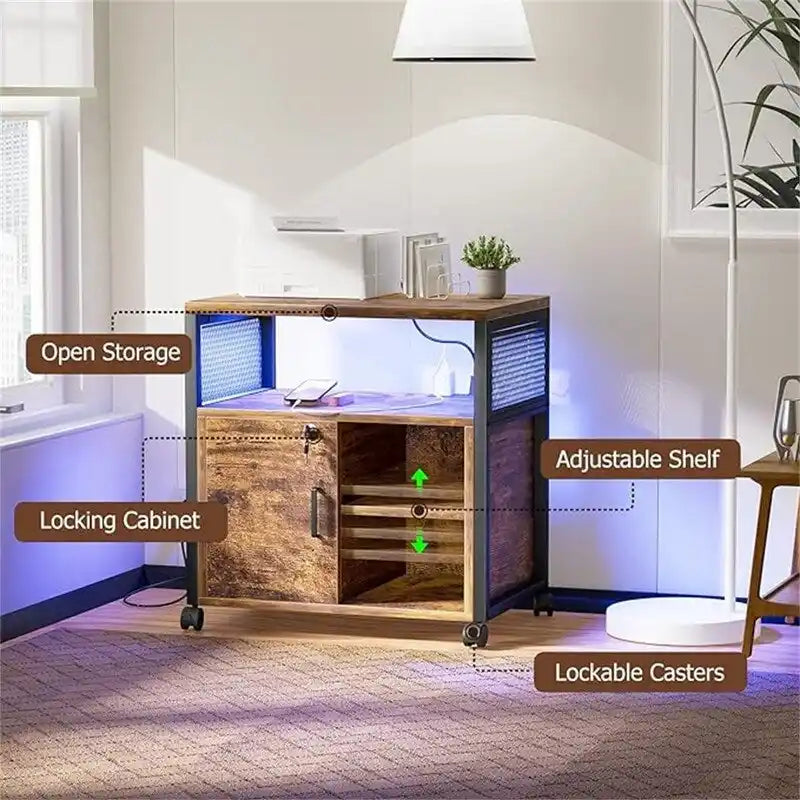 Support d'imprimante roulant avec lumières LED RVB, prises de courant, ports USB, porte verrouillable, blanc