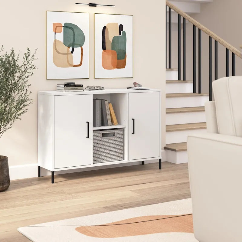 Meuble de rangement accent blanc avec portes, casiers ouverts, étagères réglables et pieds en acier
