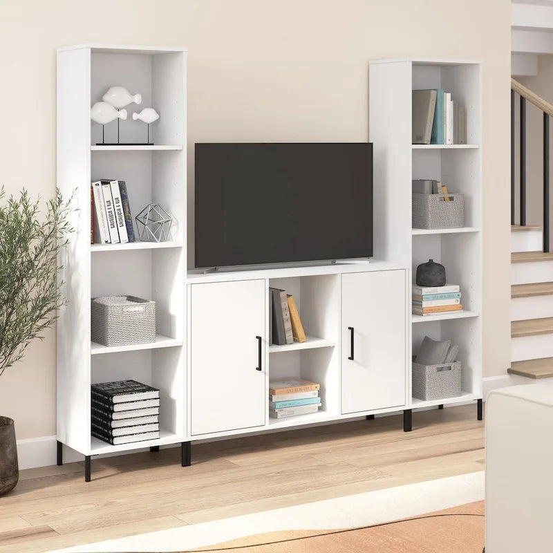 Meuble de rangement accent blanc avec portes, casiers ouverts, étagères réglables et pieds en acier
