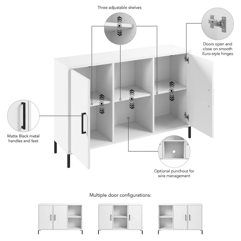 Meuble de rangement accent blanc avec portes, casiers ouverts, étagères réglables et pieds en acier