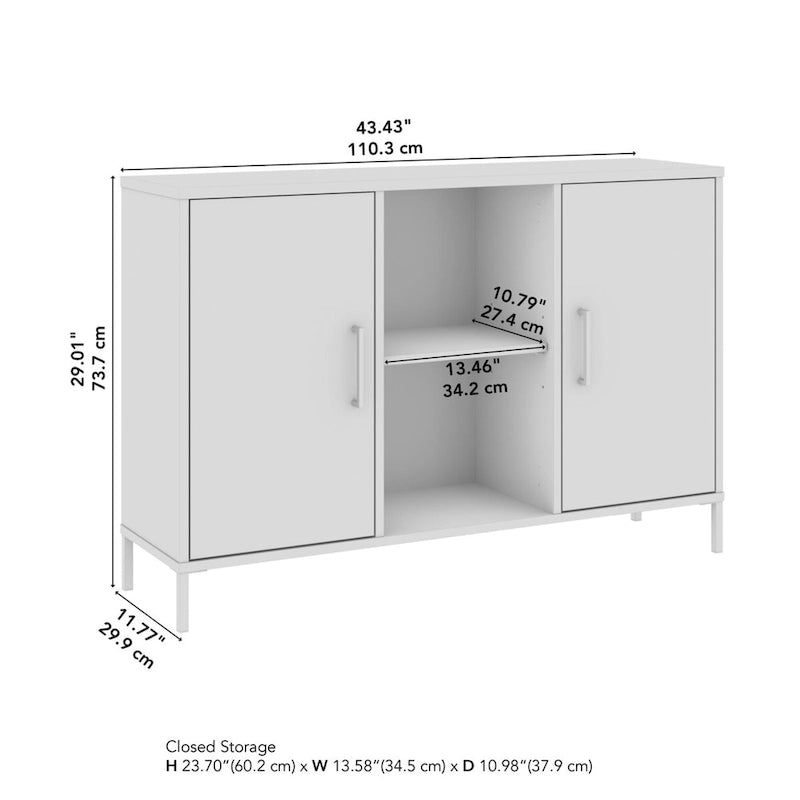 Meuble de rangement accent blanc avec portes, casiers ouverts, étagères réglables et pieds en acier