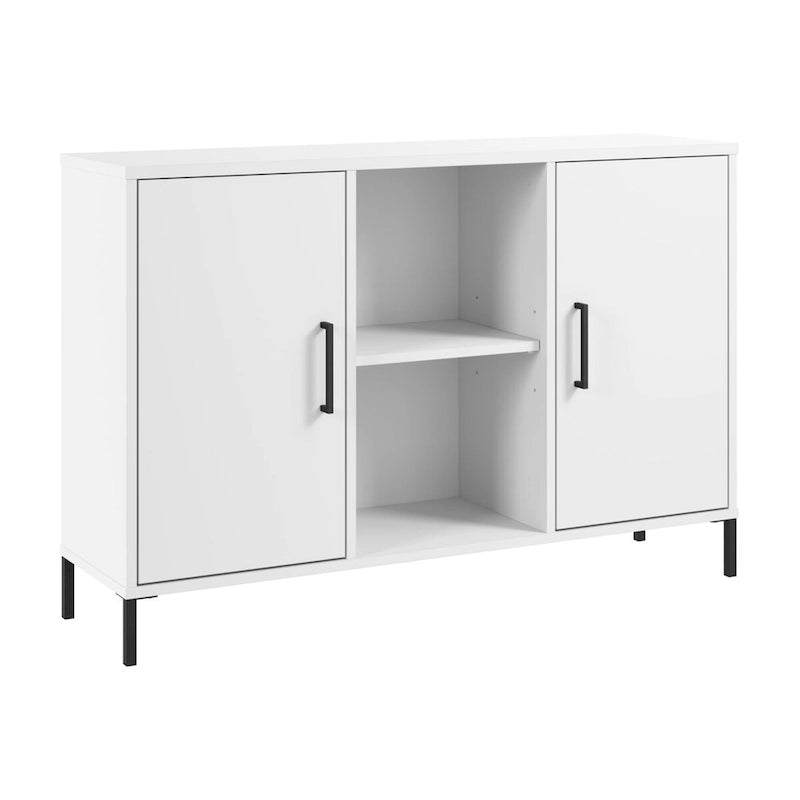 Meuble de rangement accent blanc avec portes, casiers ouverts, étagères réglables et pieds en acier