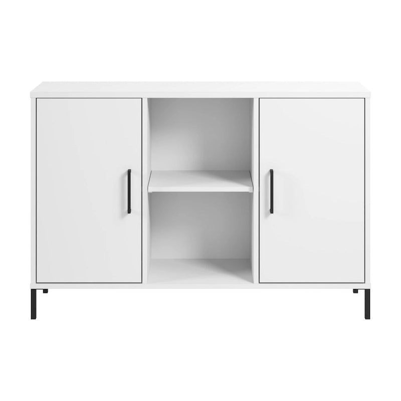 Meuble de rangement accent blanc avec portes, casiers ouverts, étagères réglables et pieds en acier