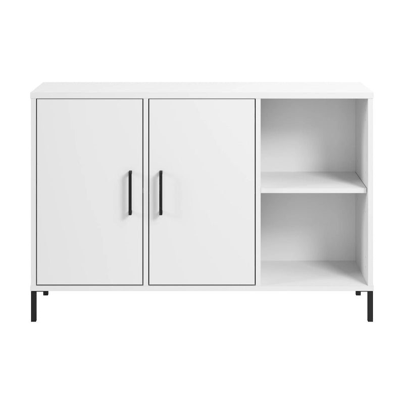 Meuble de rangement accent blanc avec portes, casiers ouverts, étagères réglables et pieds en acier