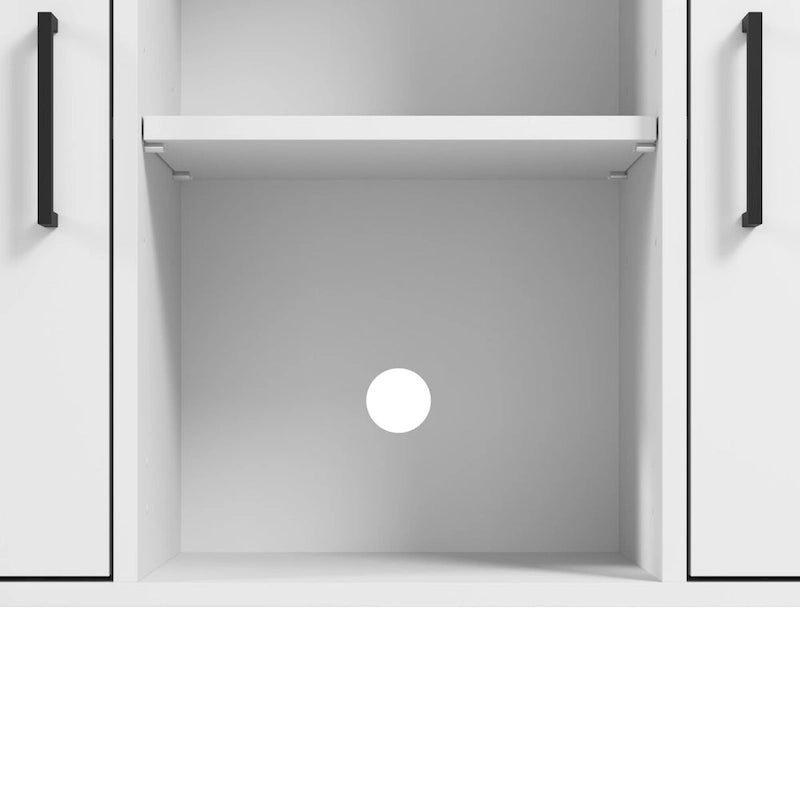 Meuble de rangement accent blanc avec portes, casiers ouverts, étagères réglables et pieds en acier