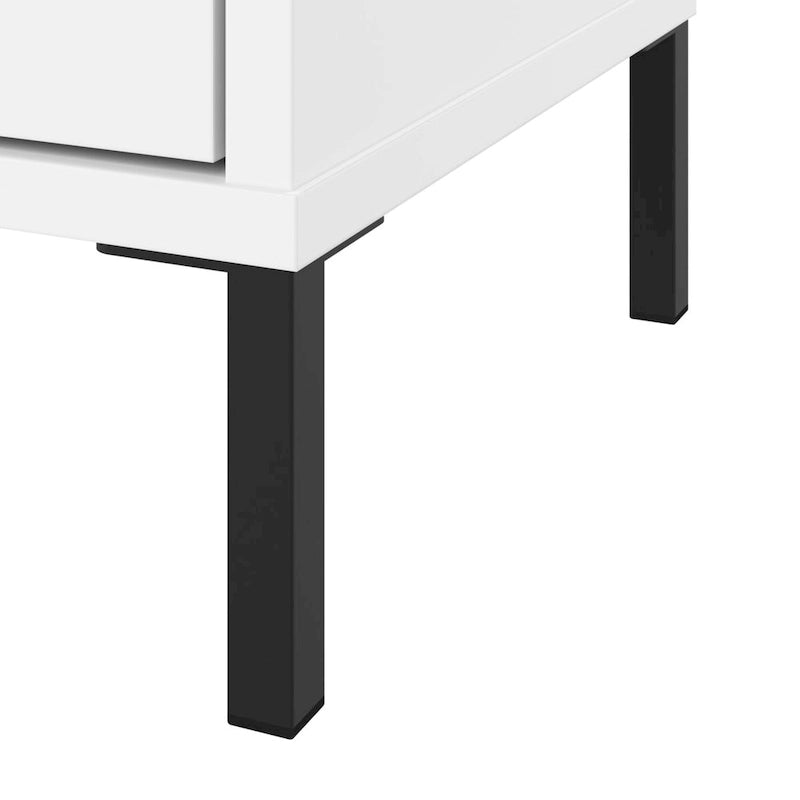 Meuble de rangement accent blanc avec portes, casiers ouverts, étagères réglables et pieds en acier