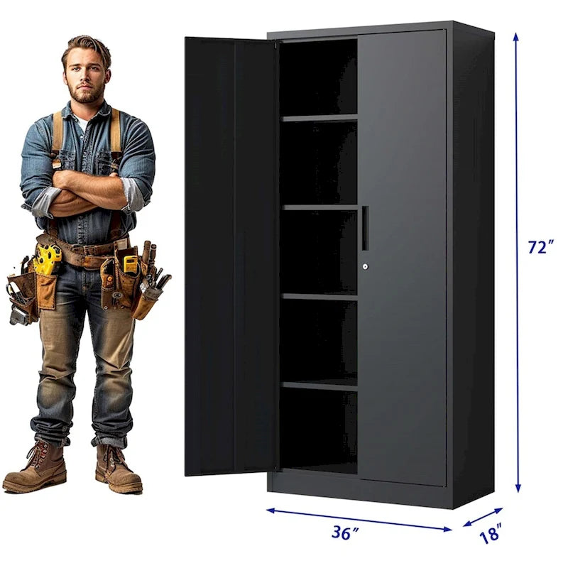 Armoire de rangement noire en métal verrouillable avec 2 portes et 4 étagères réglables