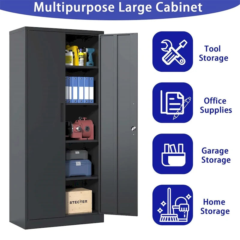 Armoire de rangement noire en métal verrouillable avec 2 portes et 4 étagères réglables