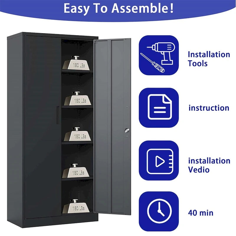 Armoire de rangement noire en métal verrouillable avec 2 portes et 4 étagères réglables