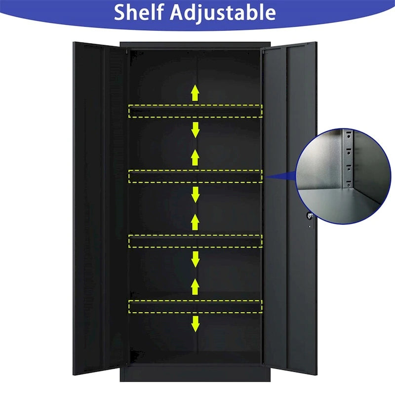 Armoire de rangement noire en métal verrouillable avec 2 portes et 4 étagères réglables