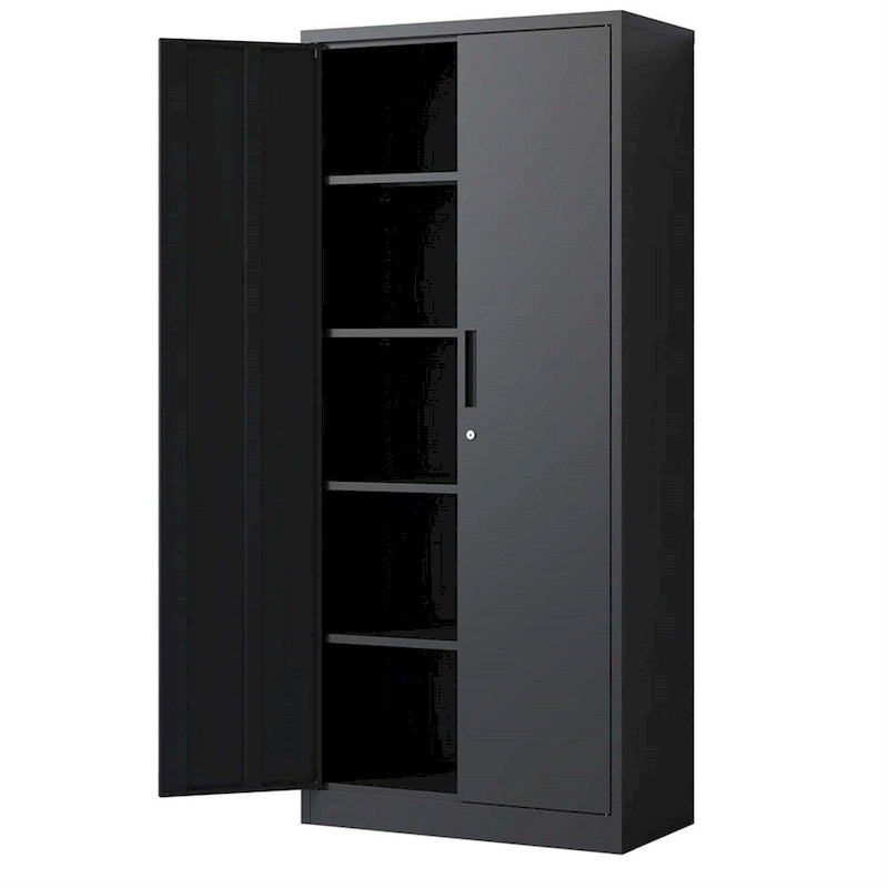 Armoire de rangement noire en métal verrouillable avec 2 portes et 4 étagères réglables