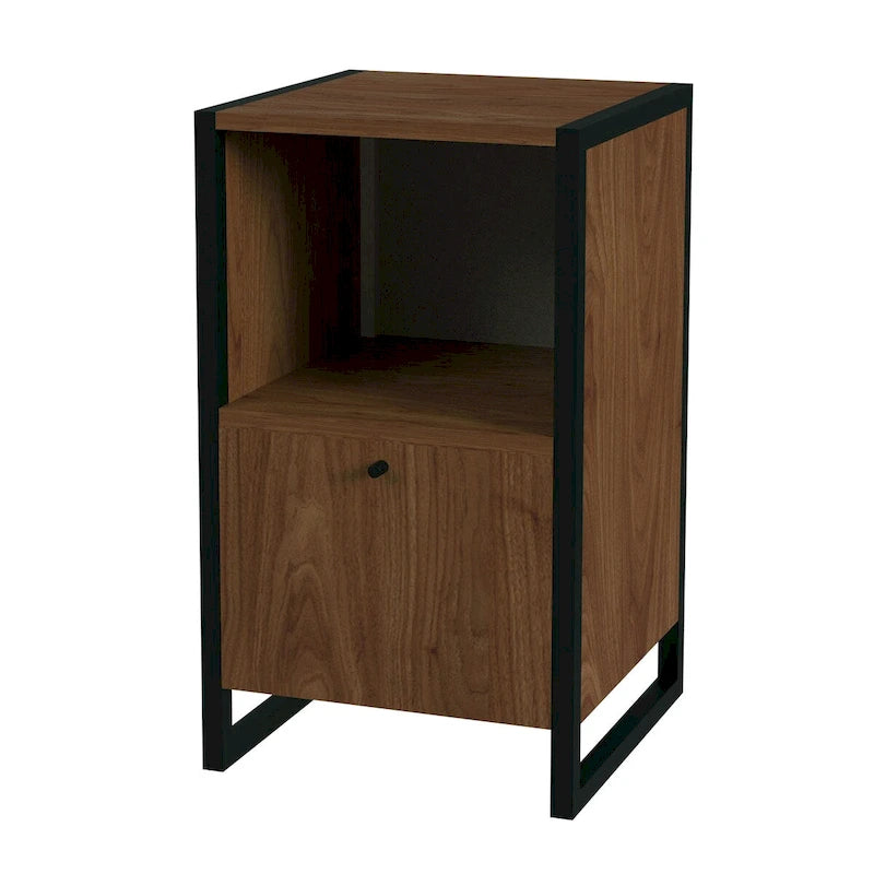 Meuble de classement à porte unique en noyer avec étagère de rangement ouverte et cadre en acier noir