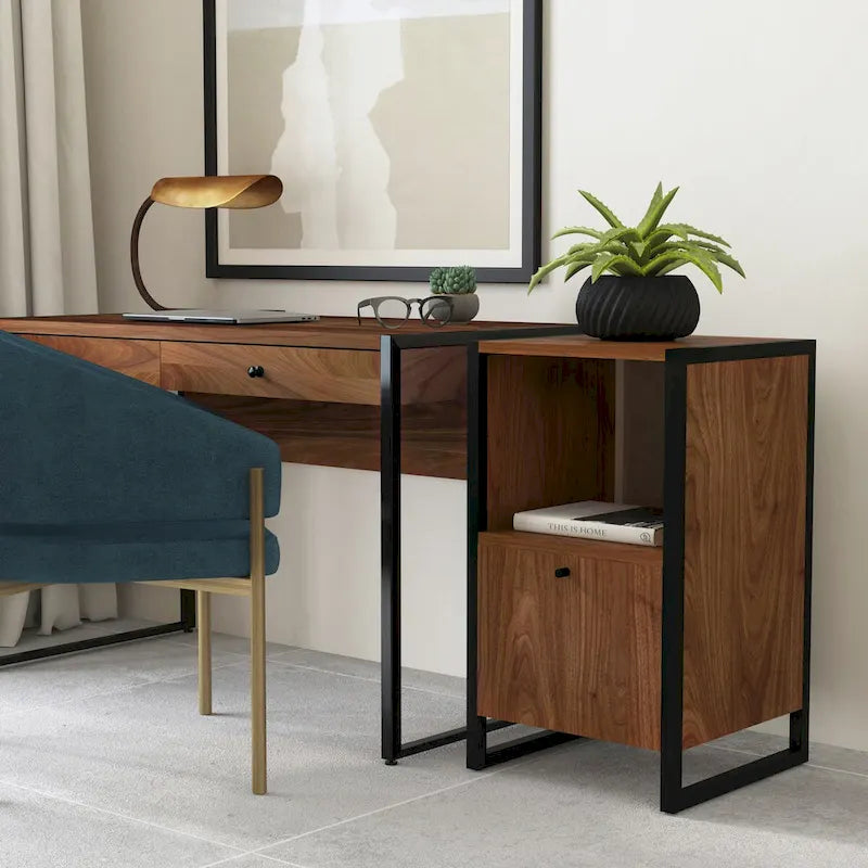 Meuble de classement à porte unique en noyer avec étagère de rangement ouverte et cadre en acier noir