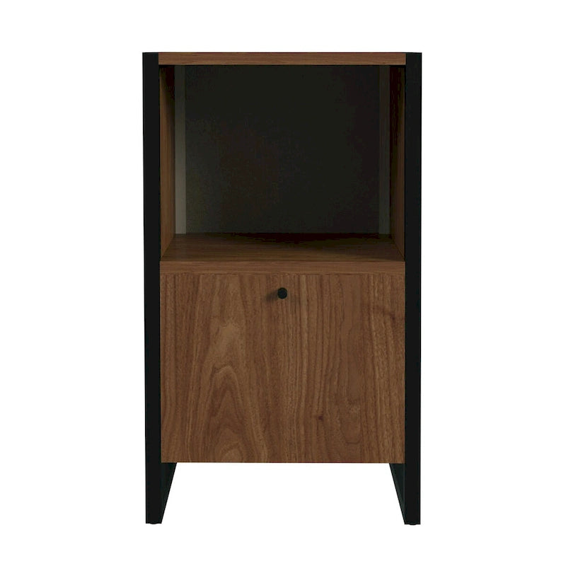 Meuble de classement à porte unique en noyer avec étagère de rangement ouverte et cadre en acier noir
