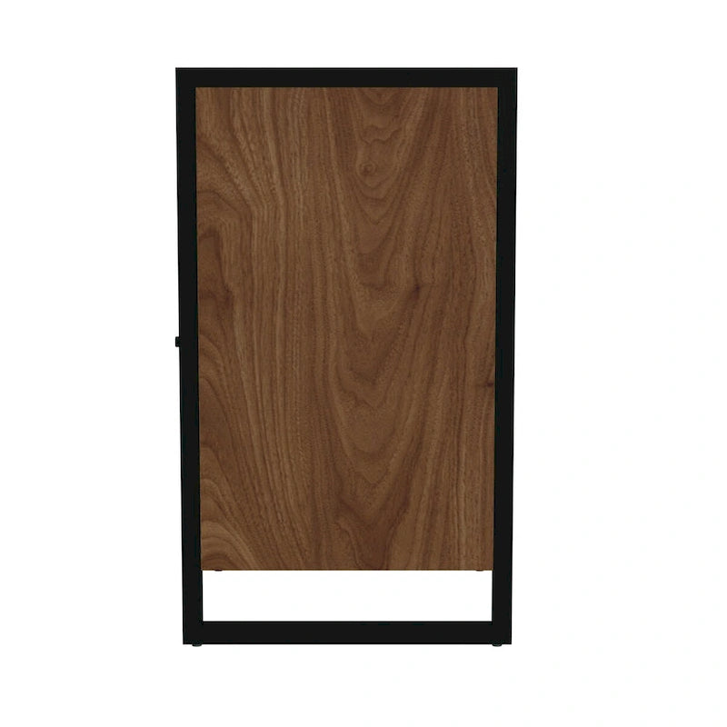 Meuble de classement à porte unique en noyer avec étagère de rangement ouverte et cadre en acier noir