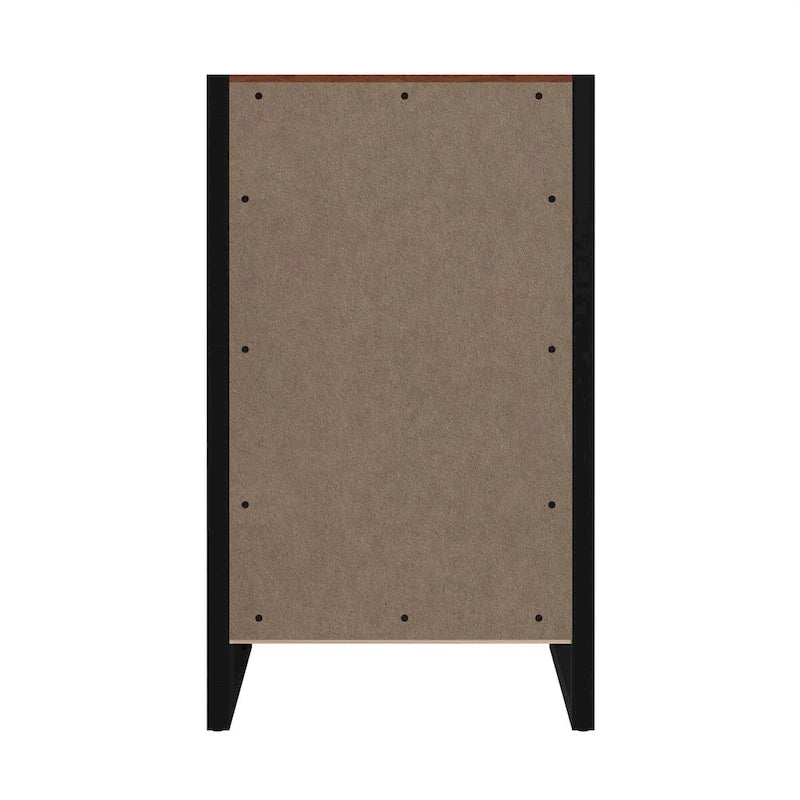Meuble de classement à porte unique en noyer avec étagère de rangement ouverte et cadre en acier noir