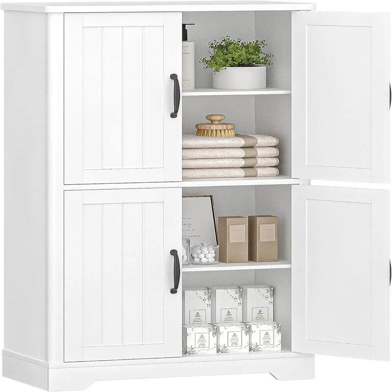 Meuble de rangement autoportant avec 4 portes coulissantes et étagères réglables Blanc rustique